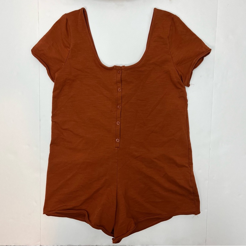 Jackson Rowe M Burnt Orange Boxy Slub Cotton Knit Henley Romper Anthropologie